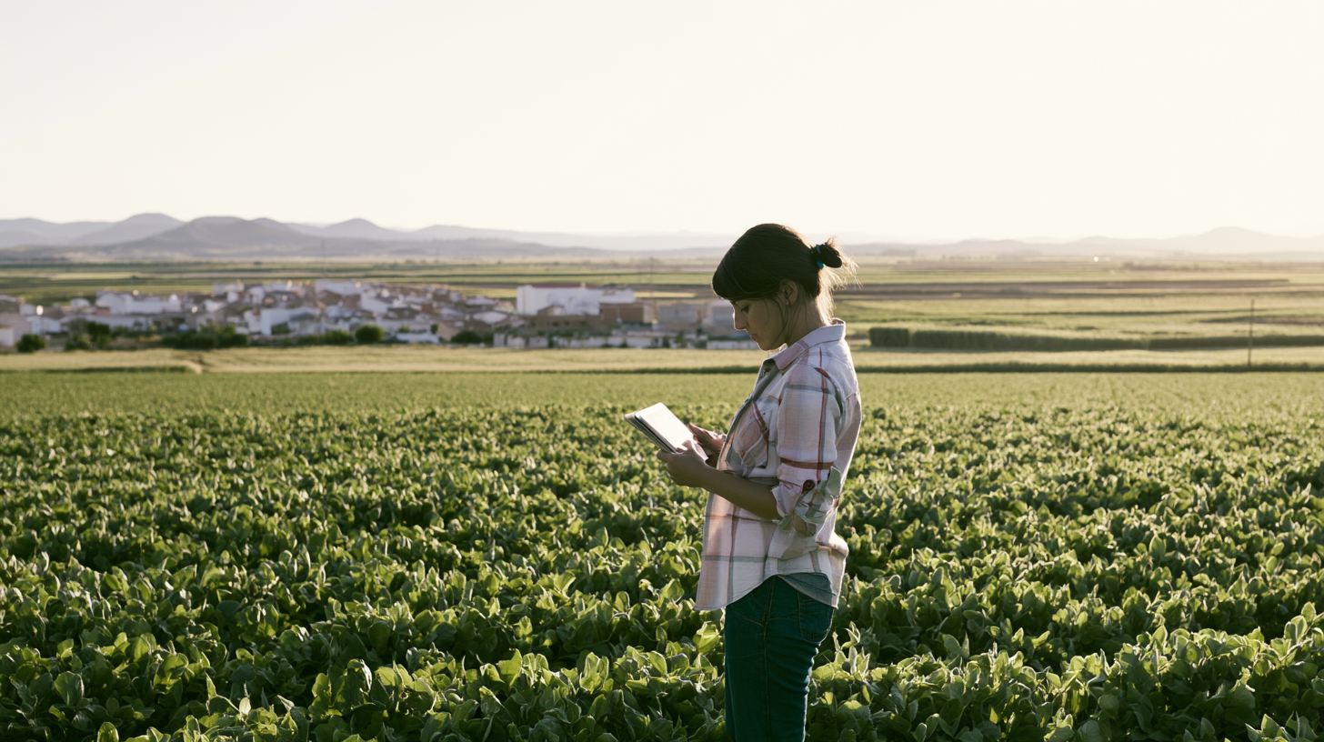 Una agricultora joven revisa datos en una tablet en un campo de Castilla-La Mancha con un pueblo al fondo