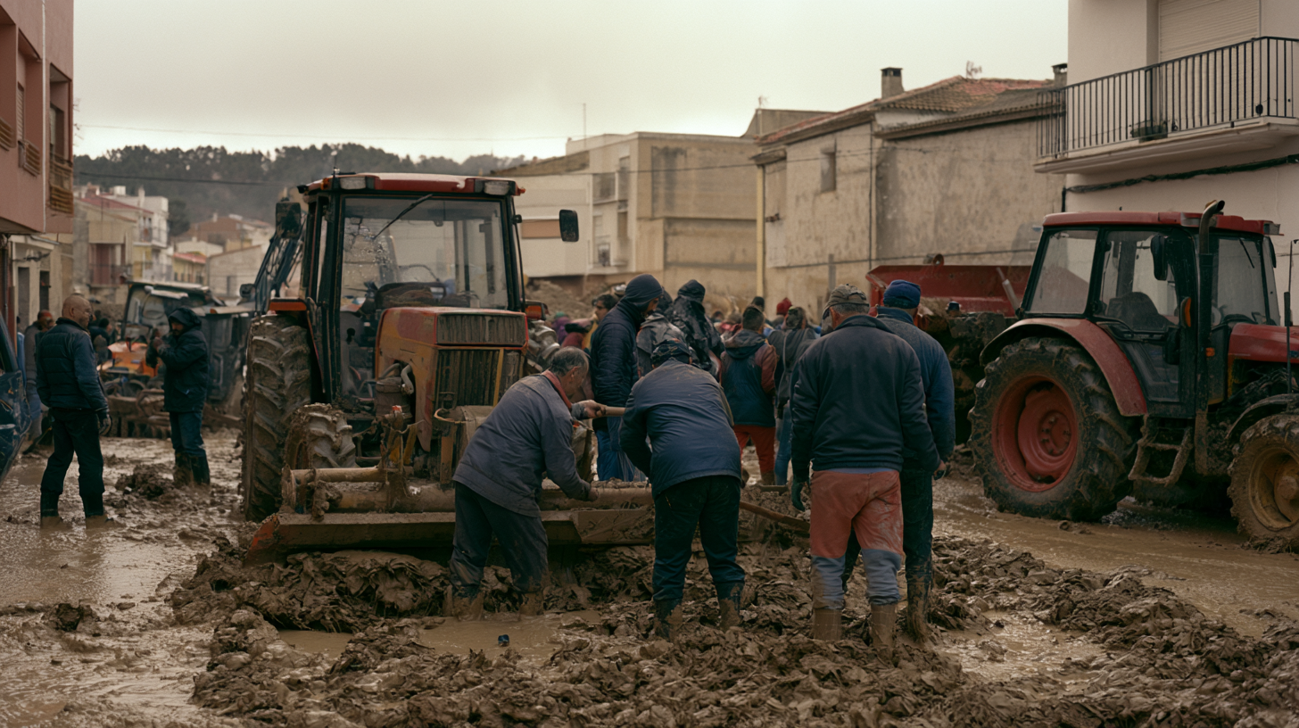 Tractores de agricultores retirando barro en una calle inundada de un pueblo tras la DANA