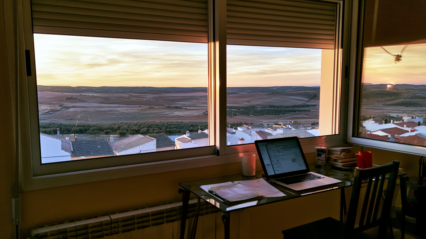 Mesa con un portátil abierto junto a una ventana con vistas a un pueblo y un paisaje rural de Castilla-La Mancha al atardecer
