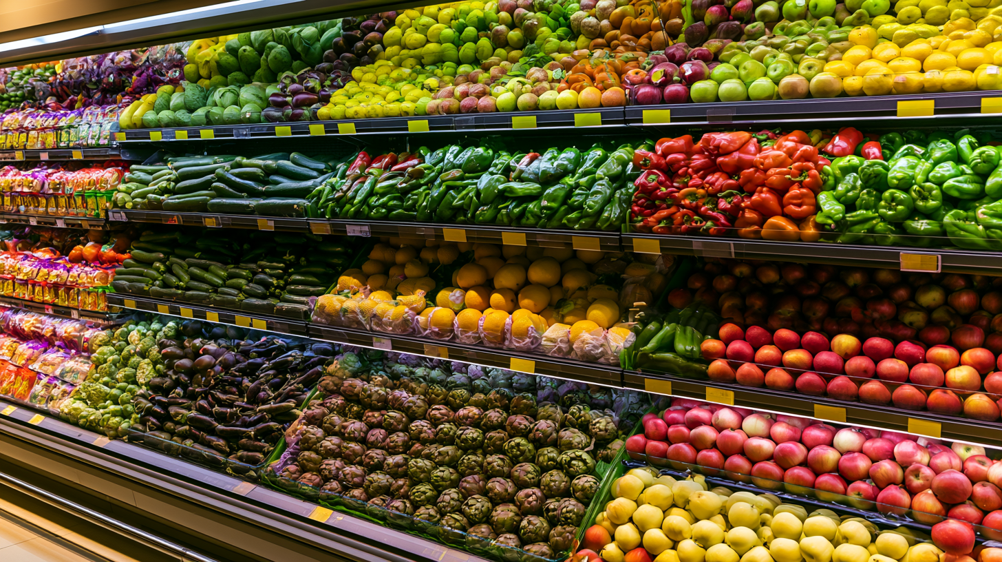 Lineal de un supermercado con frutas y verduras frescas ordenadas, sin personas