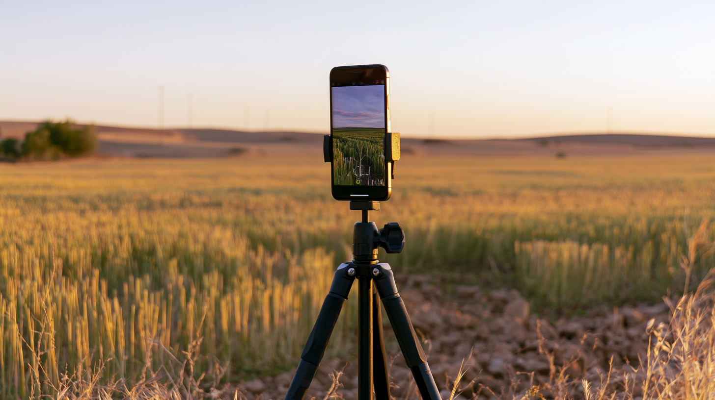 Smartphone en un trípode grabando un vídeo vertical de un campo de Castilla-La Mancha al atardecer, sin personas