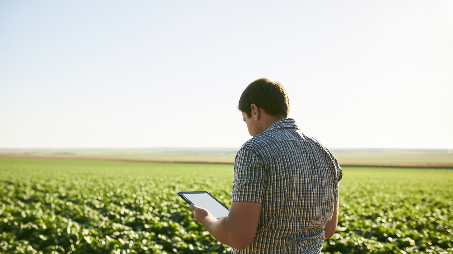 Joven agricultor de espaldas usando una tableta en un campo
