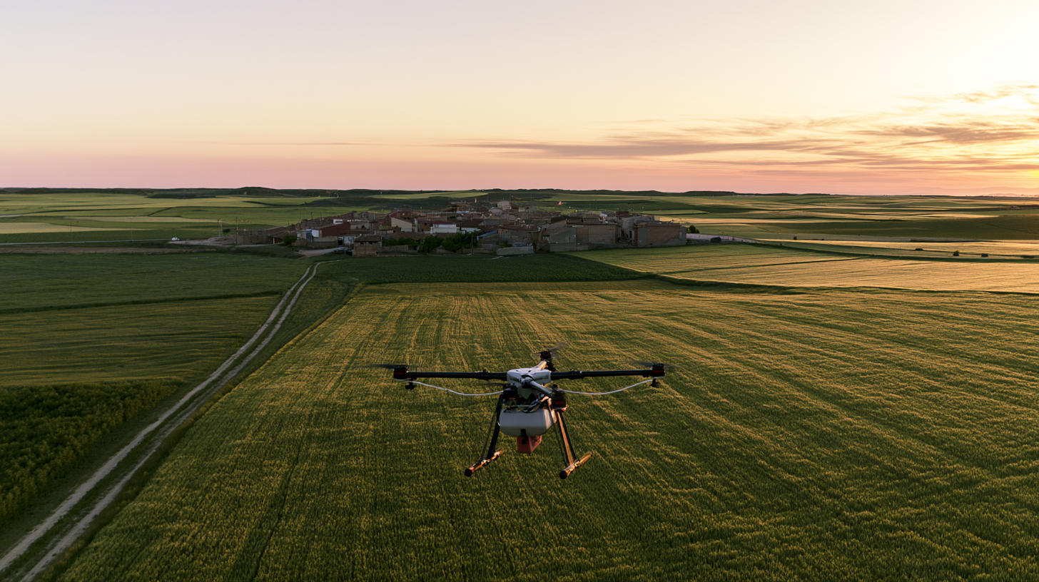 Dron agrícola sobrevolando campos verdes con un pueblo al fondo al atardecer