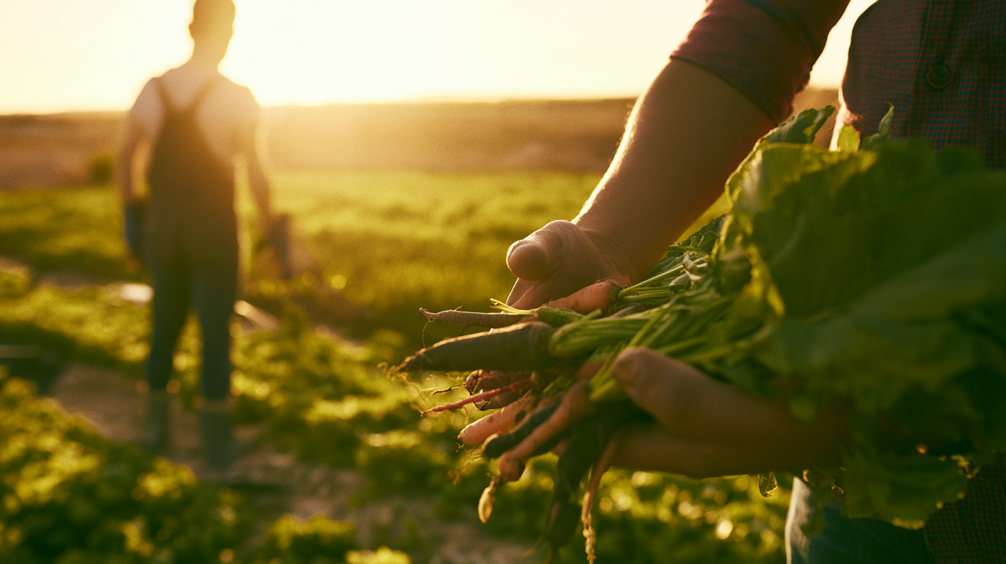 Jóvenes trabajando en un campo agrícola al atardecer