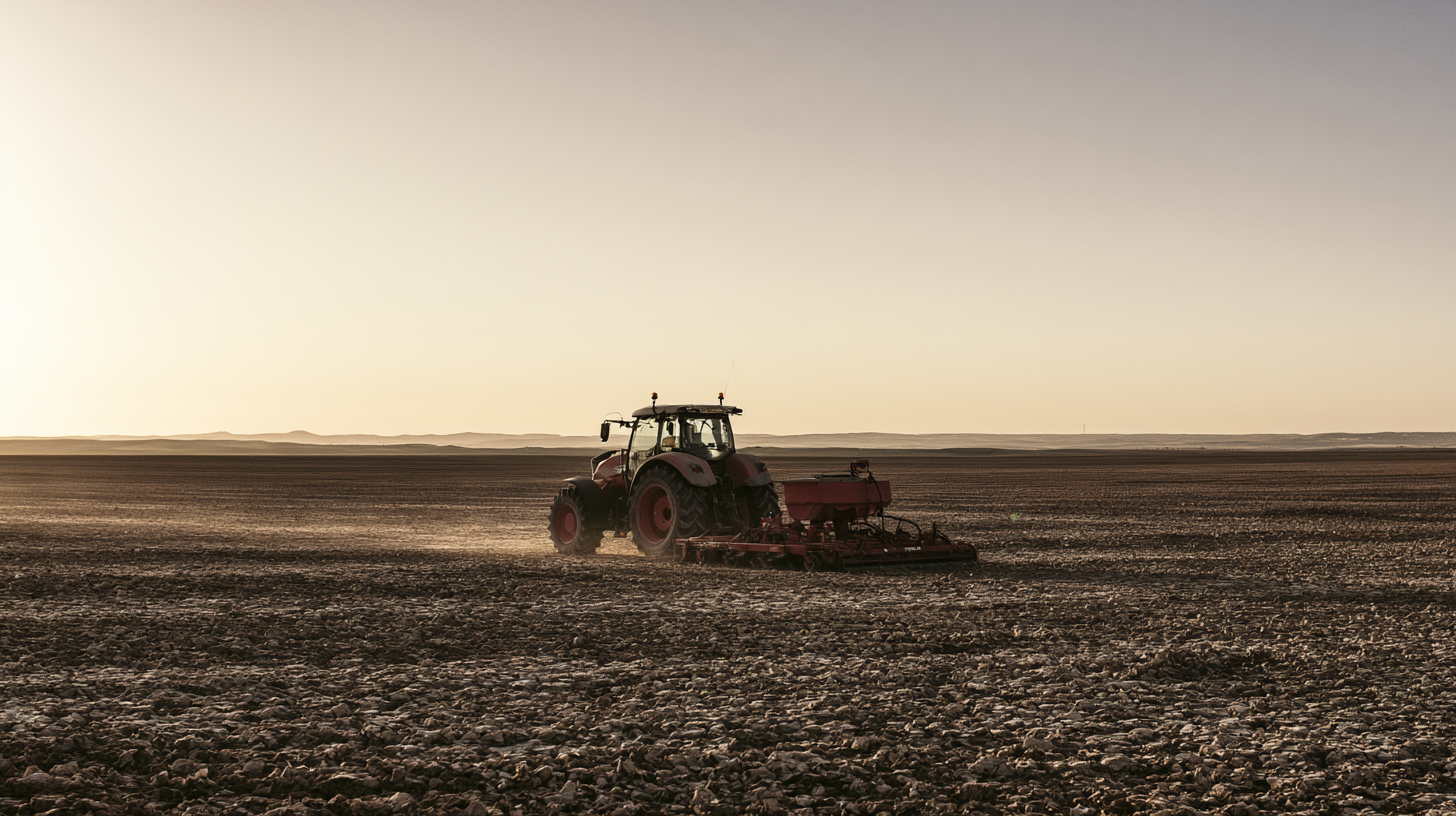 Tractor moderno trabajando un campo de Castilla-La Mancha al atardecer