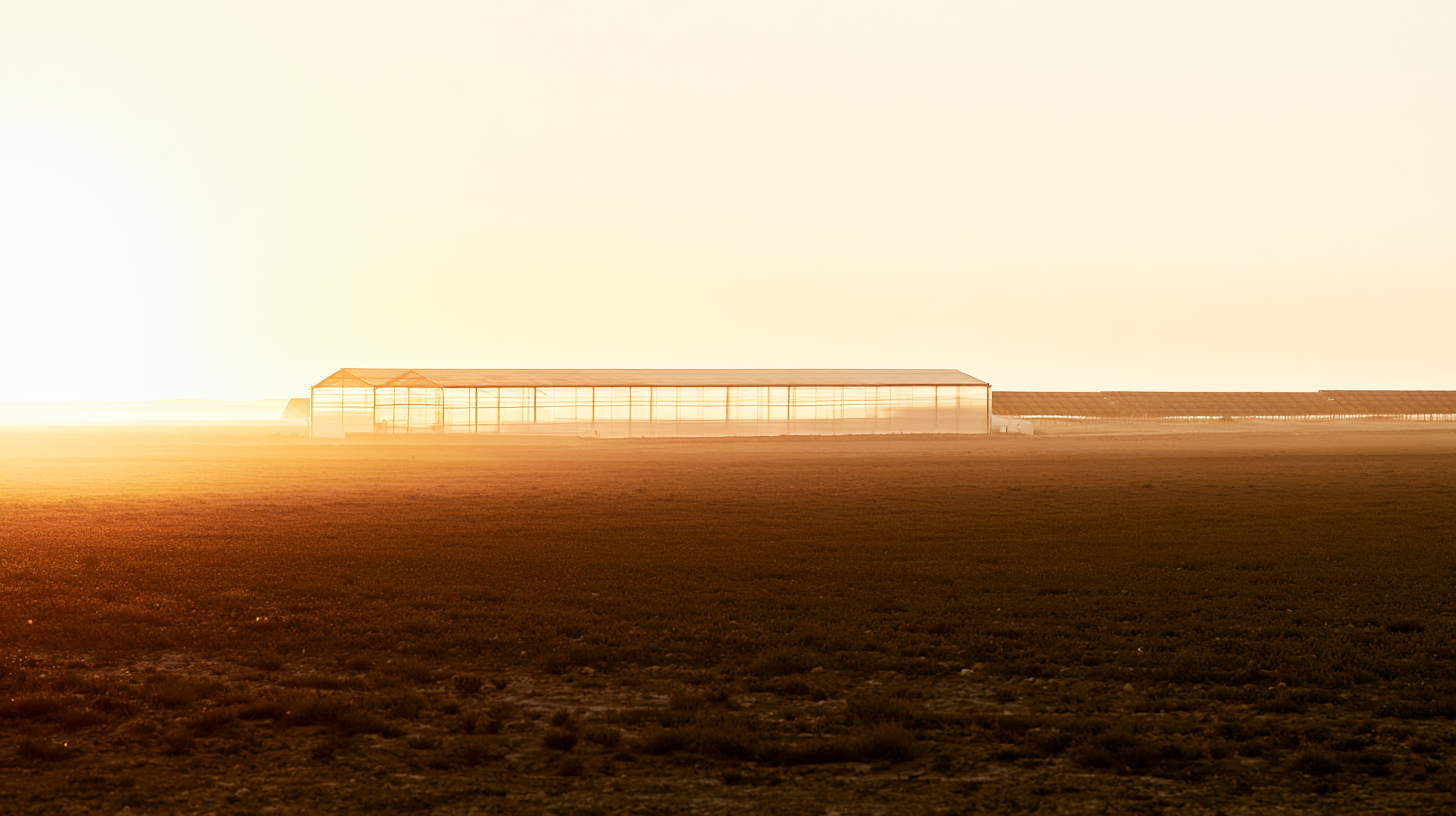 Llanura de Castilla-La Mancha al amanecer con un invernadero moderno a lo lejos