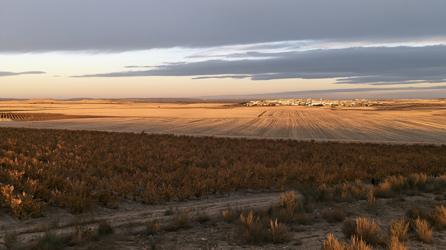 Paisaje agrícola de Castilla-La Mancha al atardecer, campos hasta el horizonte y un pueblo manchego al fondo