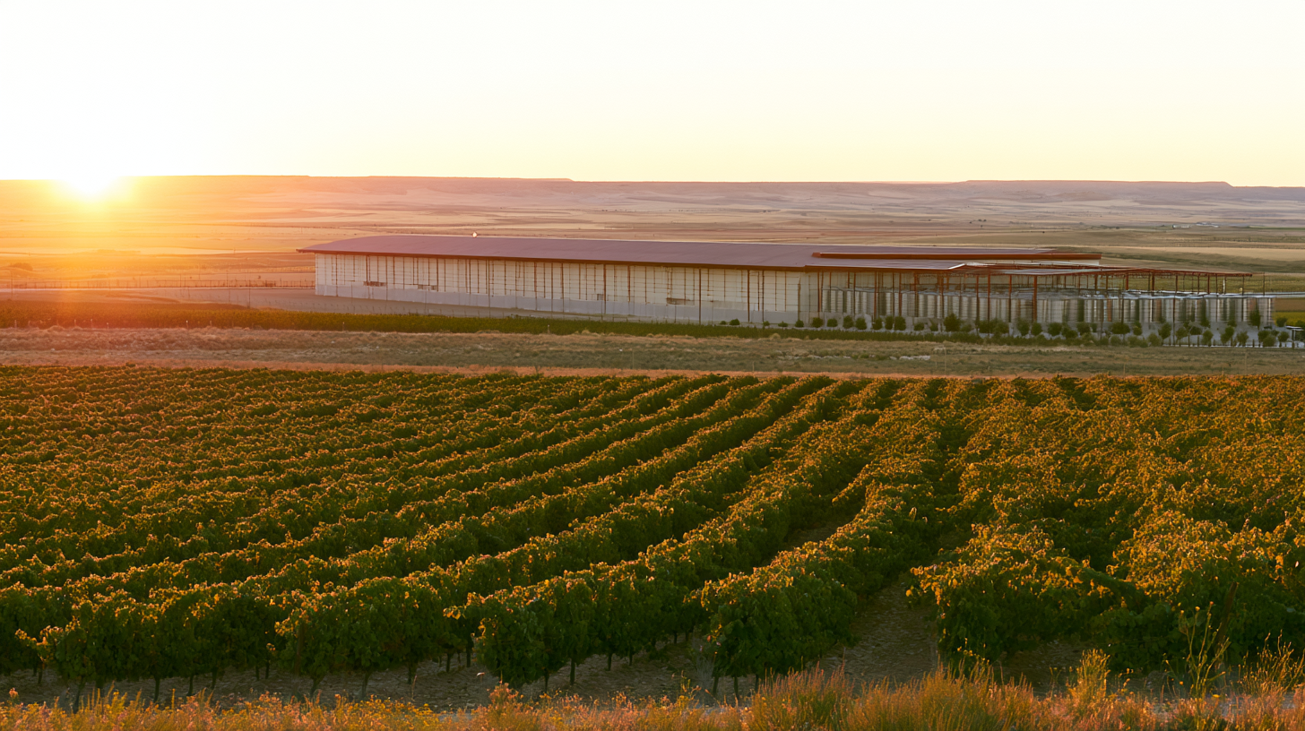 Viñedo de Castilla-La Mancha al atardecer con una gran bodega cooperativa al fondo, sin personas