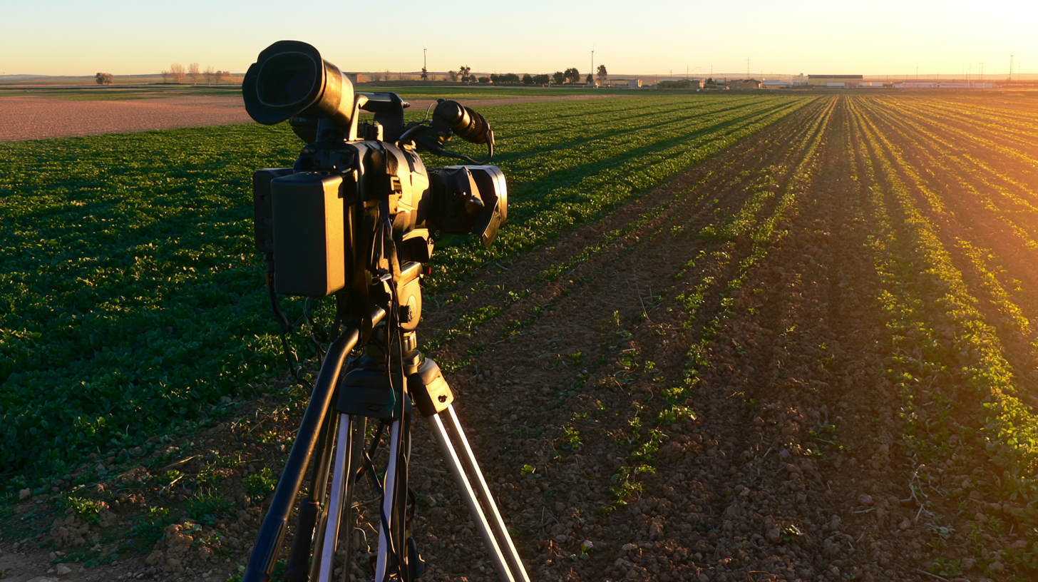 Cámara de televisión grabando un campo de cultivo de Castilla-La Mancha al atardecer, sin personas