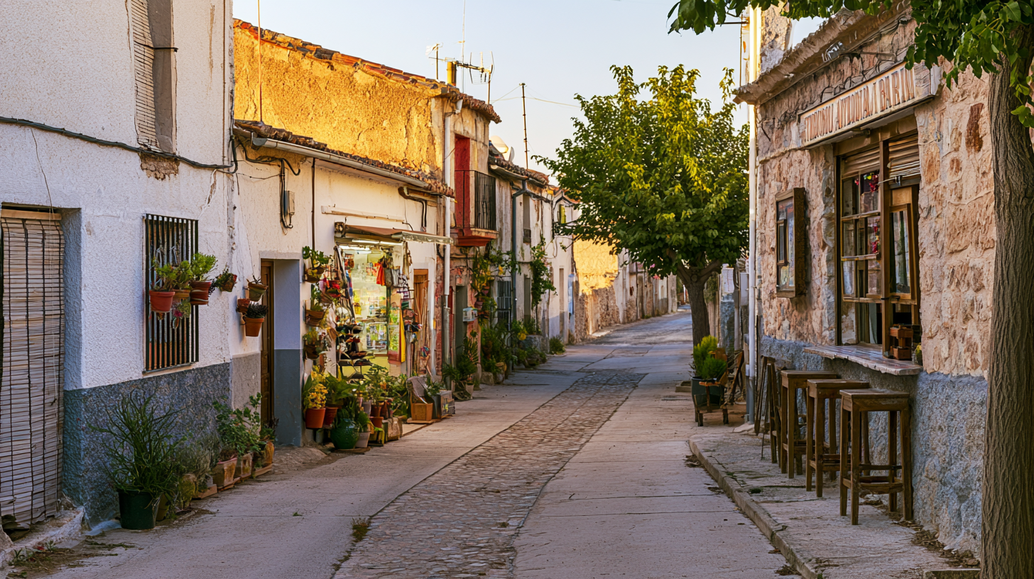 Calle de un pueblo de Castilla-La Mancha con una tienda y un bar abiertos, casas encaladas y luz cálida de tarde, sin personas