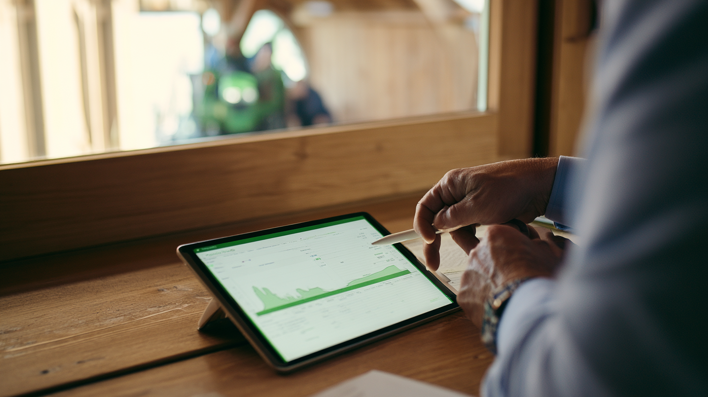 Manos revisando datos de la explotación en una tableta, con un tractor al fondo