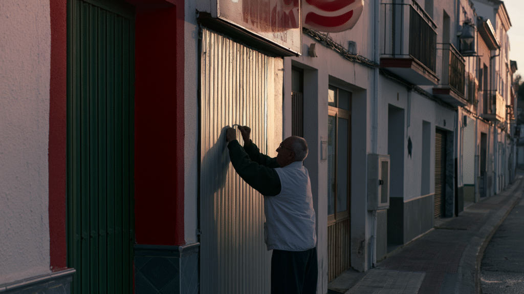 Comerciante levantando la persiana de su negocio al amanecer en un pueblo de Castilla-La Mancha, uno de los muchos empresarios de Castilla-La Mancha que sostienen la economía rural