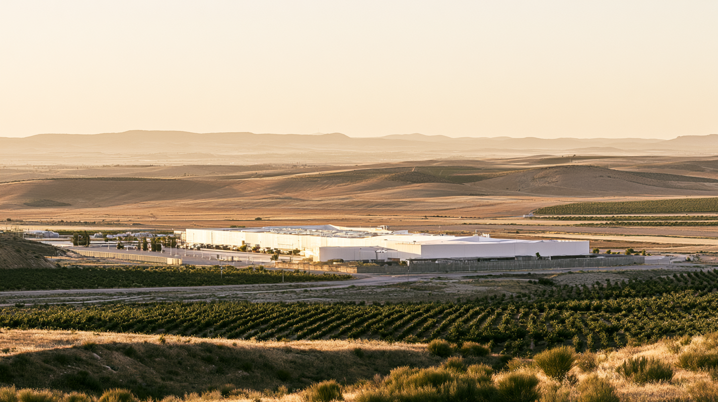 Planta agroalimentaria moderna a las afueras de un pueblo de Castilla-La Mancha al atardecer